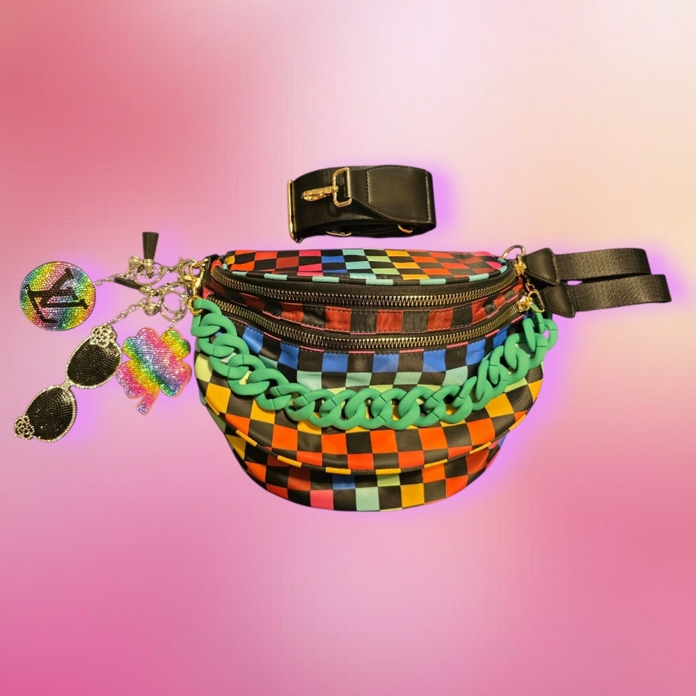 Bum Bag Bundle Deal | Rainbow  Nylon Crossbody + Acrylic Chain & 3 Bag Charms
